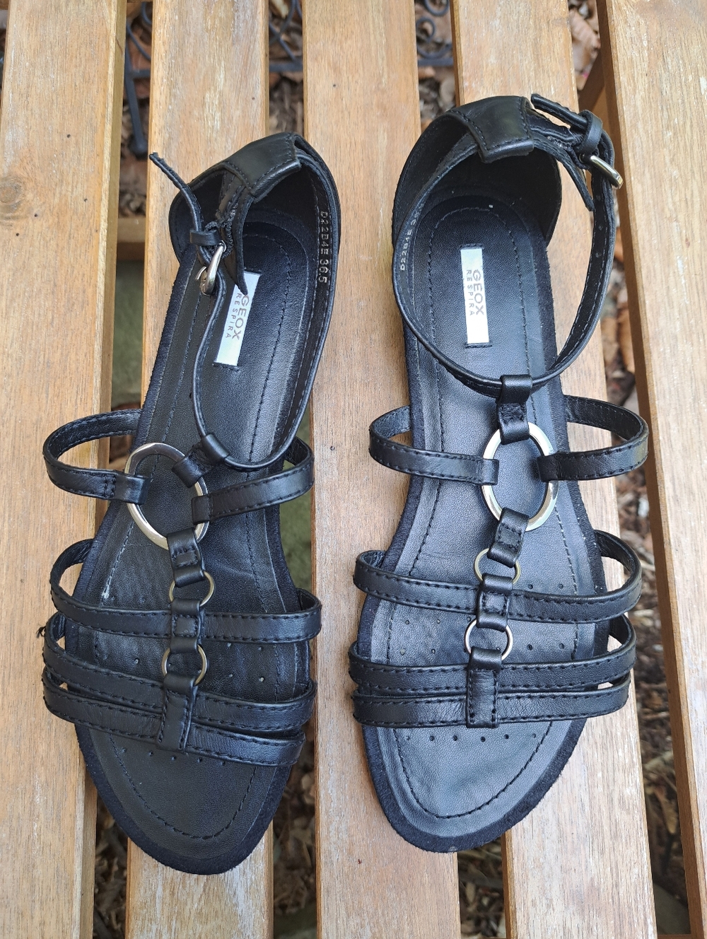 Geox Black Multi-Strap Leather Sandals with Silver Ring Accent